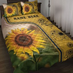 Personalized Sunflower Quilt Bedding Set, Sunflower 3D Print Flower Yellow Quilt Blanket With Pillowcases, Custom Name Duvet Cover Set