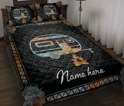 Personalized Camping Quilt Bedding Set, Vintage Travel Trailer Camping Mandala Quilt Blanket With Pillowcases, Custom Name Duvet Cover Set