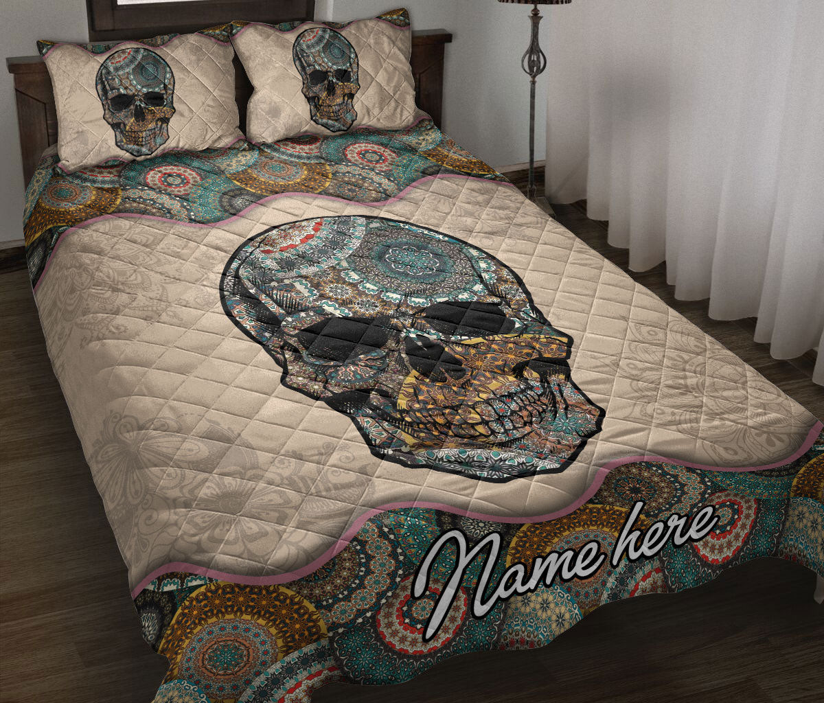 Personalized Skull Quilt Bedding Set, Skull Skeleton Mandala Quilt Blanket With Pillowcases, Custom Name Duvet Cover Set
