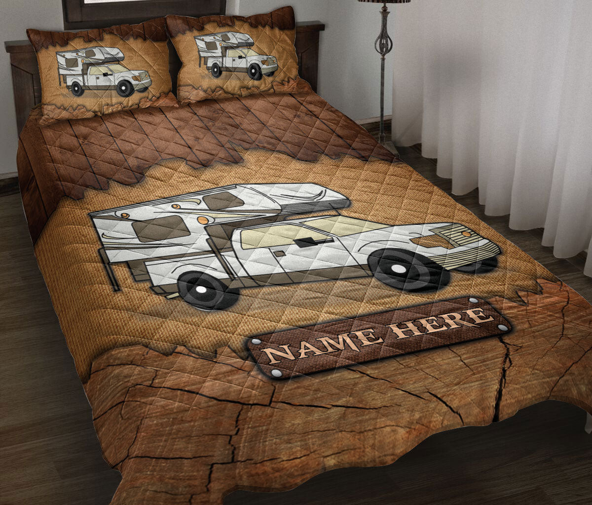 Personalized Camping Quilt Bedding Set, Camping Truck Camper Crack Wood Quilt Blanket With Pillowcases, Custom Name Duvet Cover Set
