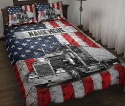Personalized Trucker Quilt Bedding Set, Black Trucker US Flag Truck Driver Quilt Blanket With Pillowcases, Custom Name Duvet Cover Set