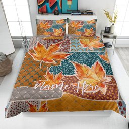 Personalized Autumn Quilt Bedding Set, Autumn Leaves Quilt Blanket & Pillowcase, Custom Name Duvet Cover Set, Fall Bedspread, Autumn Gift