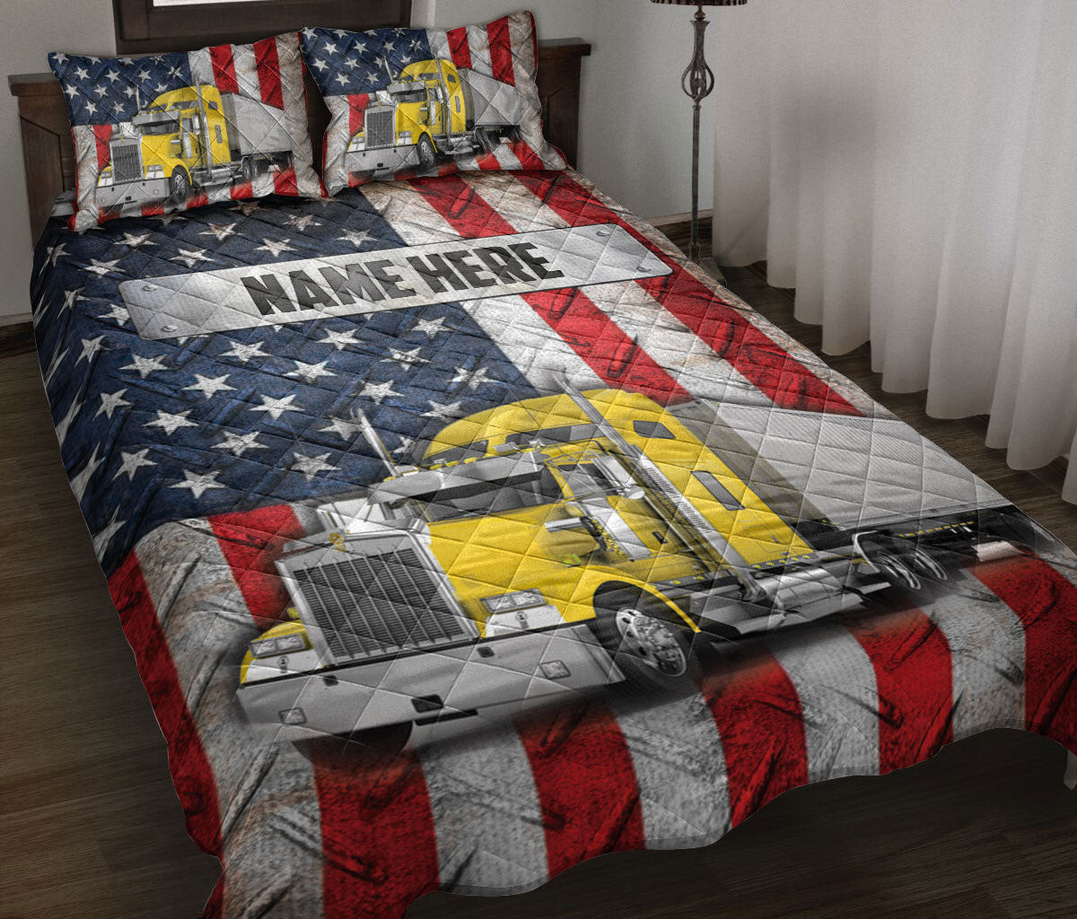 Personalized Trucker Quilt Bedding Set, Yellow Trucker US Flag Truck Driver Quilt Blanket With Pillowcases, Custom Name Duvet Cover Set