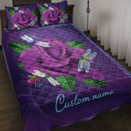 Personalized Dragonfly Quilt Bedding Set, Purple Rose Dragonfly Violet Quilt Blanket With Pillowcases, Custom Name Duvet Cover Set