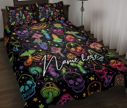 Personalized Hippie Quilt Bedding Set, Hologram Skull M Ushroom Hippie Hippy Plant Quilt Blanket With Pillowcases, Custom Name Duvet Cover Set