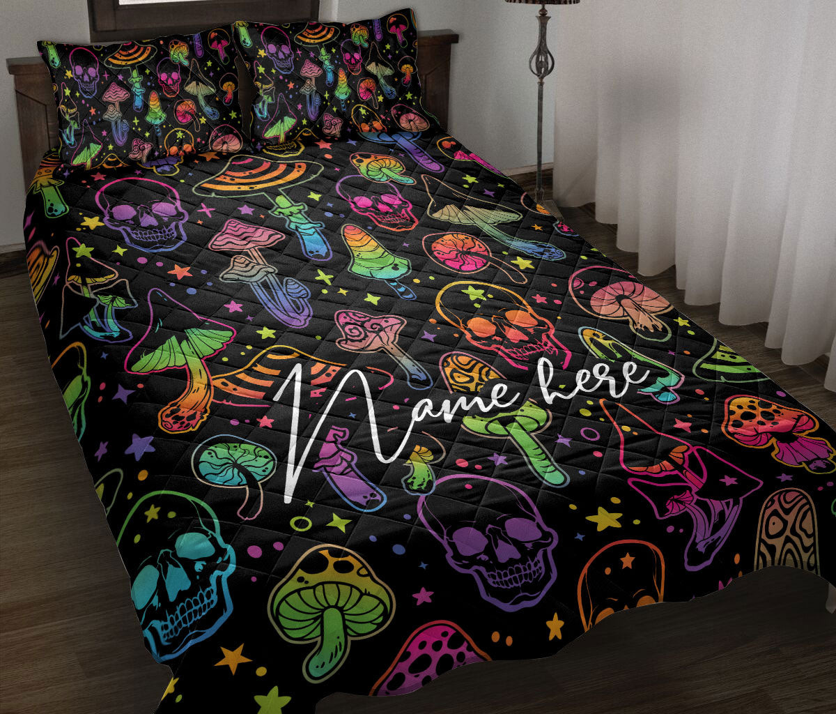 Personalized Hippie Quilt Bedding Set, Hologram Skull M Ushroom Hippie Hippy Plant Quilt Blanket With Pillowcases, Custom Name Duvet Cover Set