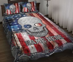 Personalized Skull Quilt Bedding Set, Skull US Flag Crack Quilt Blanket With Pillowcases, Custom Name Duvet Cover Set