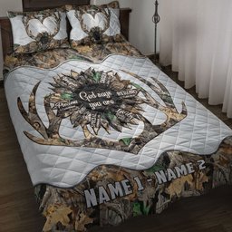 Personalized Hunting Quilt Bedding Set, Deer Antler Sunflower Hunting Hunter Quilt Blanket With Pillowcases, Custom Name Duvet Cover Set