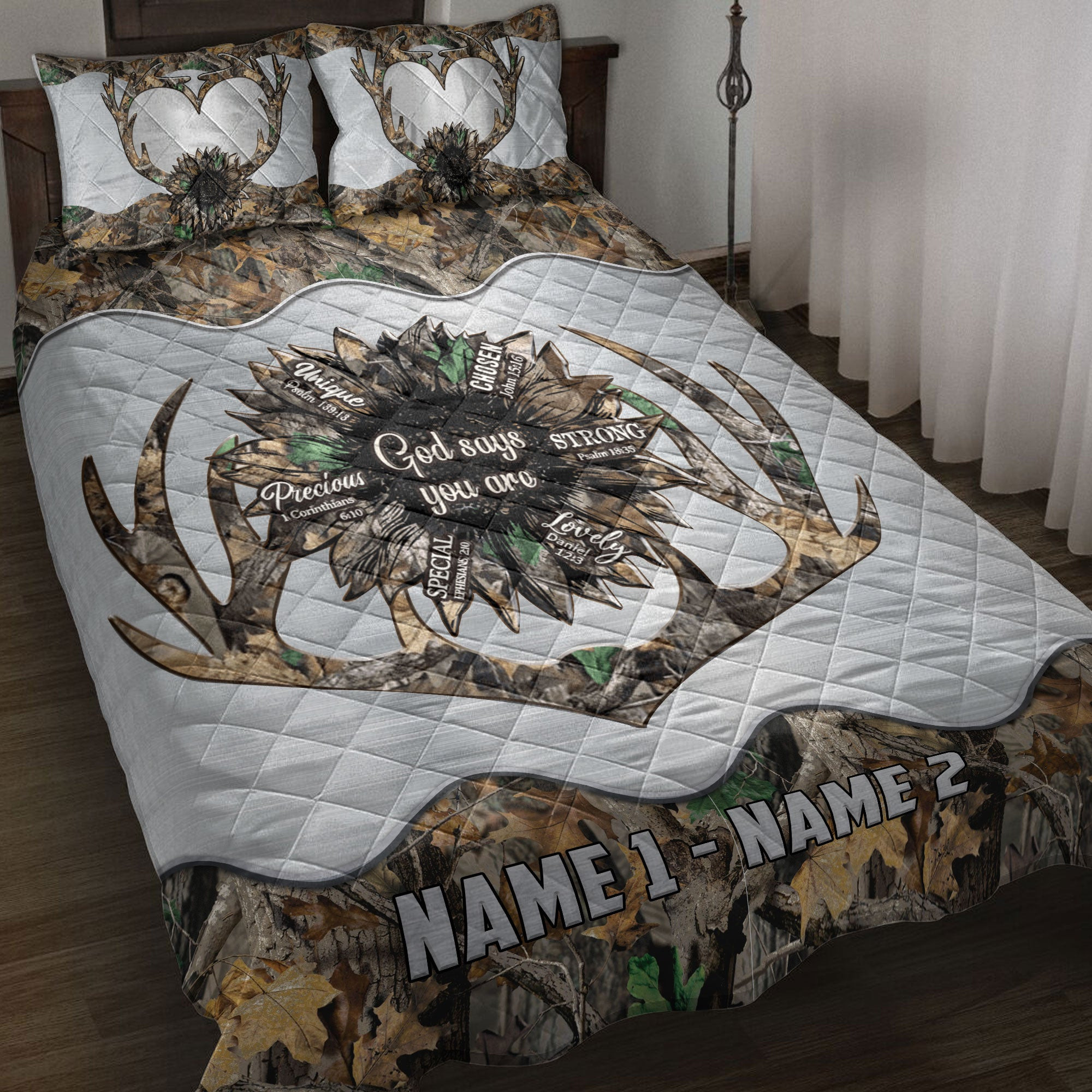 Personalized Hunting Quilt Bedding Set, Deer Antler Sunflower Hunting Hunter Quilt Blanket With Pillowcases, Custom Name Duvet Cover Set