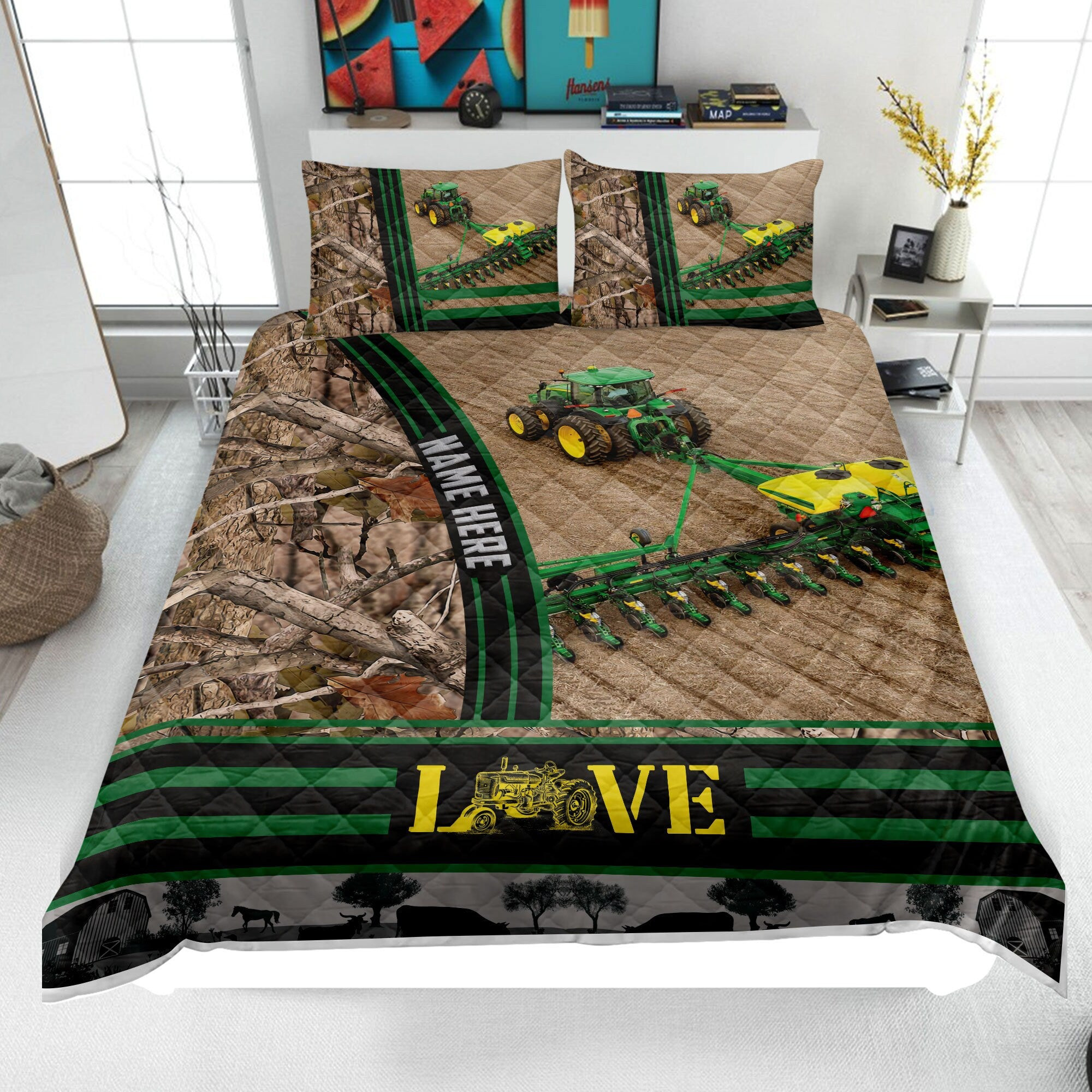 Personalized Tractor Quilt Bedding Set, Farm Tractor Quilt Blanket & Pillowcases, Custom Name Duvet Cover Set, Gift for Farmer, Grandpa, Dad