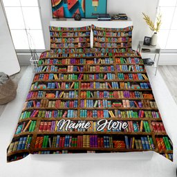 Personalized Book Quilt Bedding Set, Bookshelf Quilt Blanket & Pillowcases, Custom Name Duvet Cover Set, Gift for Book Lover, Bookworm, Nerd