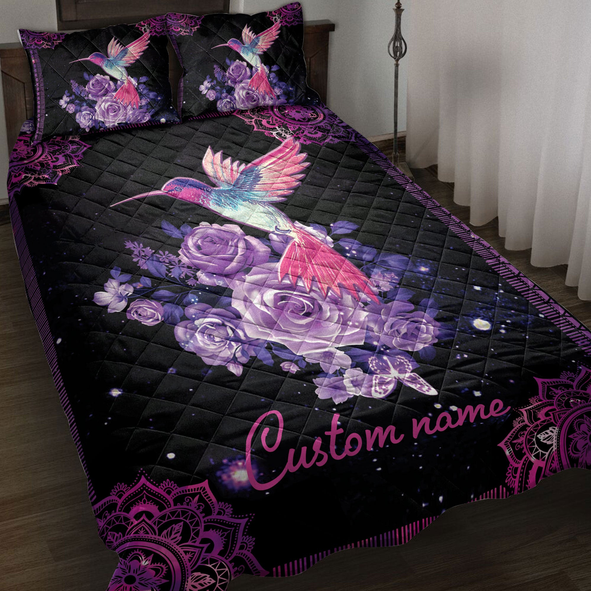 Personalized Hummingbird Quilt Bedding Set, Purple Rose Hummingbird Bird Mandala Galaxy Quilt Blanket With Pillowcases, Duvet Cover Set