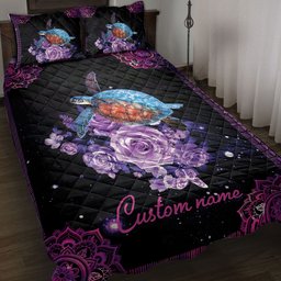 Personalized Turtle Quilt Bedding Set, Purple Rose Sea Turtle Ocean Mandala Galaxy Quilt Blanket With Pillowcases, Custom Name Duvet Cover Set