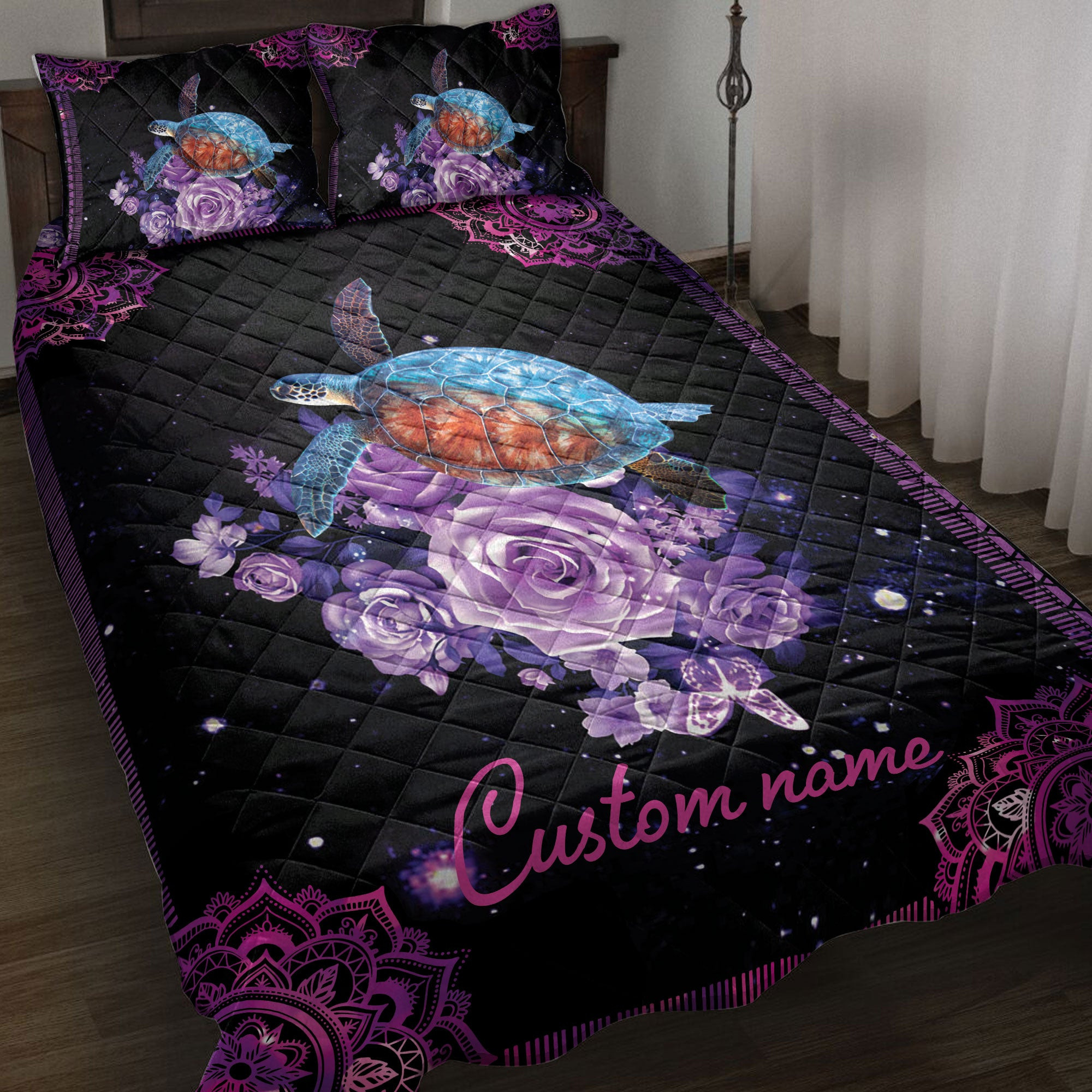 Personalized Turtle Quilt Bedding Set, Purple Rose Sea Turtle Ocean Mandala Galaxy Quilt Blanket With Pillowcases, Custom Name Duvet Cover Set
