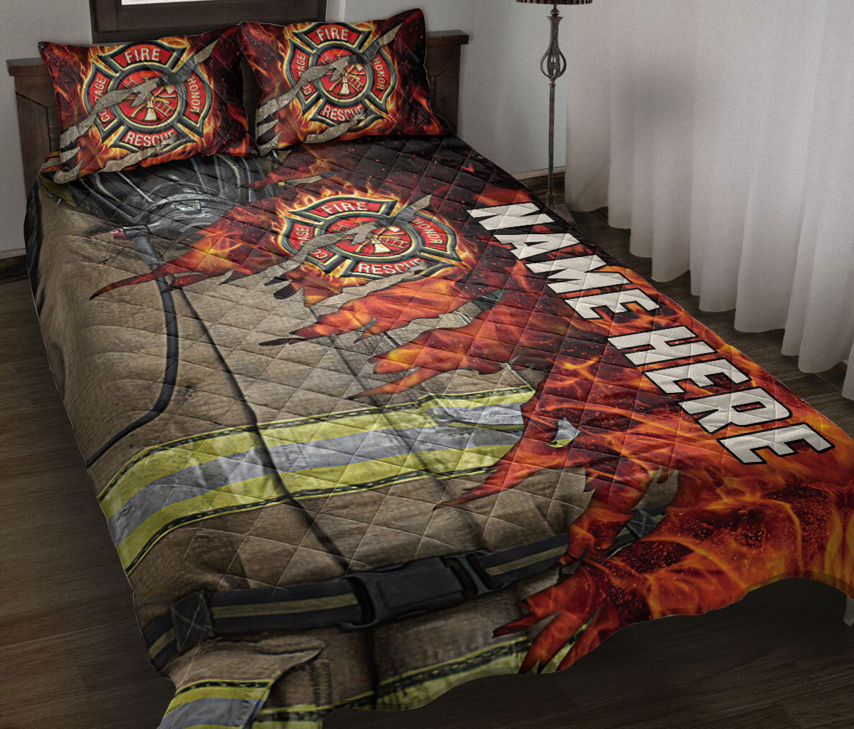 Personalized Firefighter Quilt Bedding Set, Fire Firefighter Uniform Quilt Blanket With Pillowcases, Custom Name Duvet Cover Set