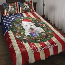 Personalized West Highland White Terrier Quilt Bedding Set, West Highland Wearingmas Hat Wreath Quilt Blanket With Pillowcases, Duvet Cover Set