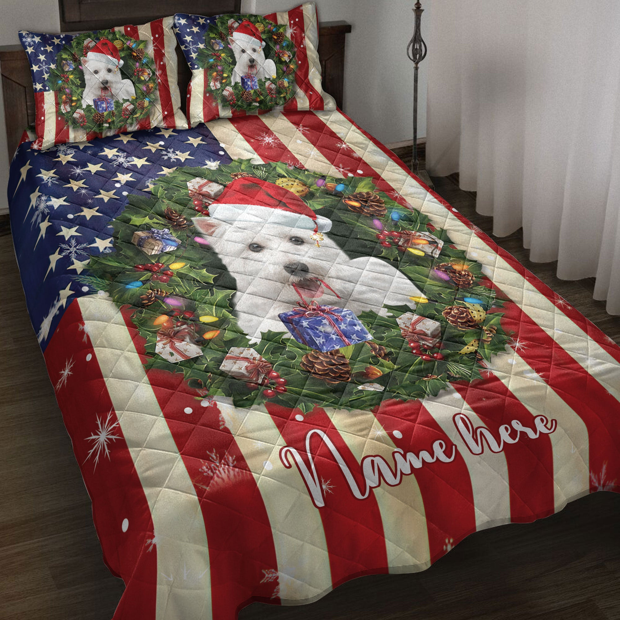 Personalized West Highland White Terrier Quilt Bedding Set, West Highland Wearingmas Hat Wreath Quilt Blanket With Pillowcases, Duvet Cover Set