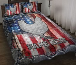 Personalized Chicken Quilt Bedding Set, Chicken US Flag Crack Quilt Blanket With Pillowcases, Custom Name Duvet Cover Set
