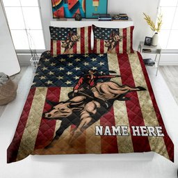 Personalized Rodeo Quilt Bedding Set, Bull Riding Quilt Blanket & Pillowcases, US Flag Bedspread, Custom Duvet Cover Set, Gift for Rodeo Lover