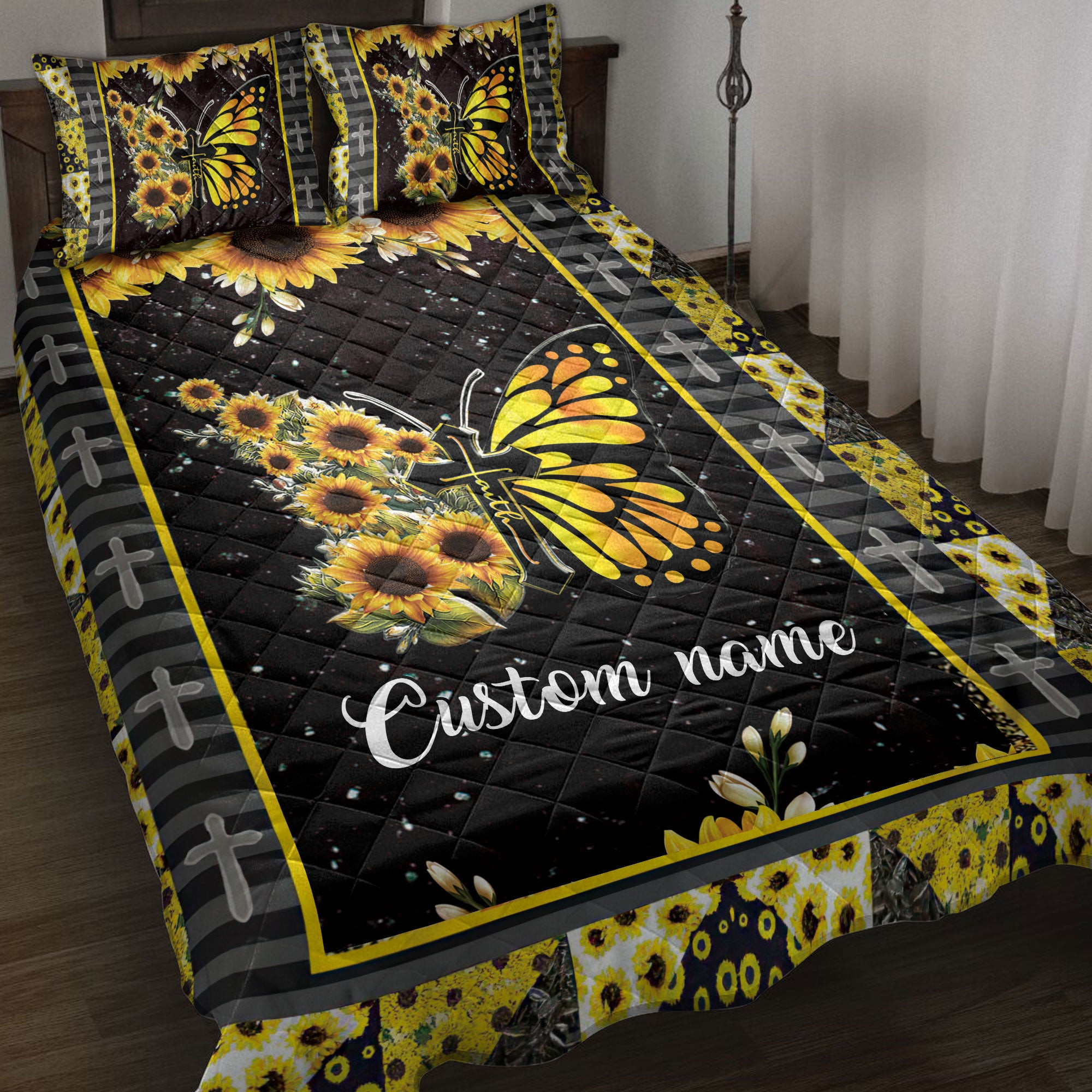 Personalized Christian Quilt Bedding Set, Faith Sunflower Butterflyian Cross Quilt Blanket With Pillowcases, Custom Name Duvet Cover Set