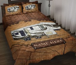 Personalized Camping Quilt Bedding Set, Camping Camper 5Th Wheel Crack Wood Quilt Blanket With Pillowcases, Custom Name Duvet Cover Set