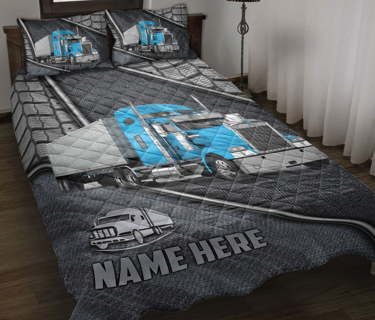 Personalized Trucker Quilt Bedding Set, Blue Trucker Truck Driver Silver Quilt Blanket With Pillowcases, Custom Name Duvet Cover Set