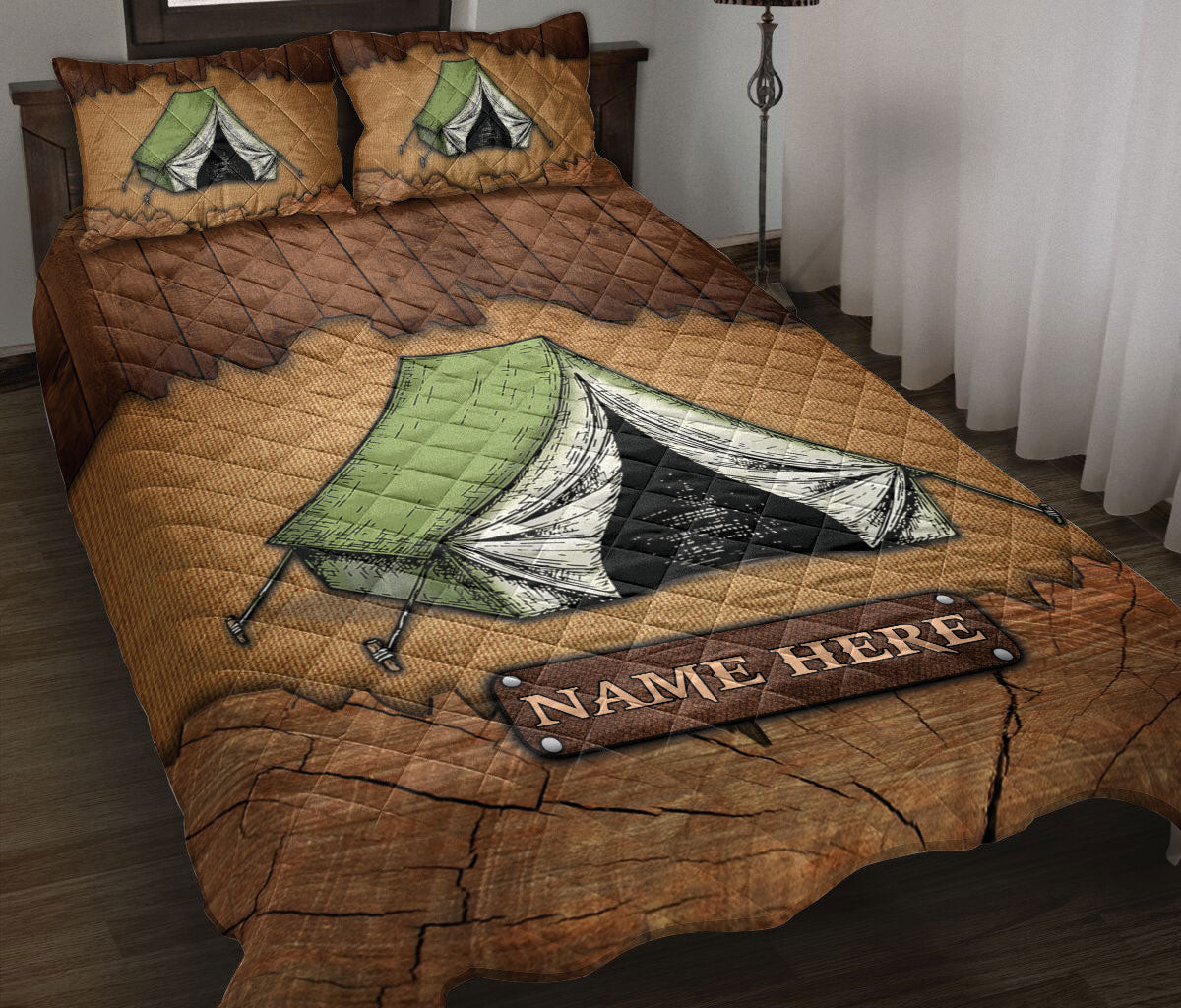 Personalized Camping Quilt Bedding Set, Camping Tent Crack Wood Quilt Blanket With Pillowcases, Custom Name Duvet Cover Set