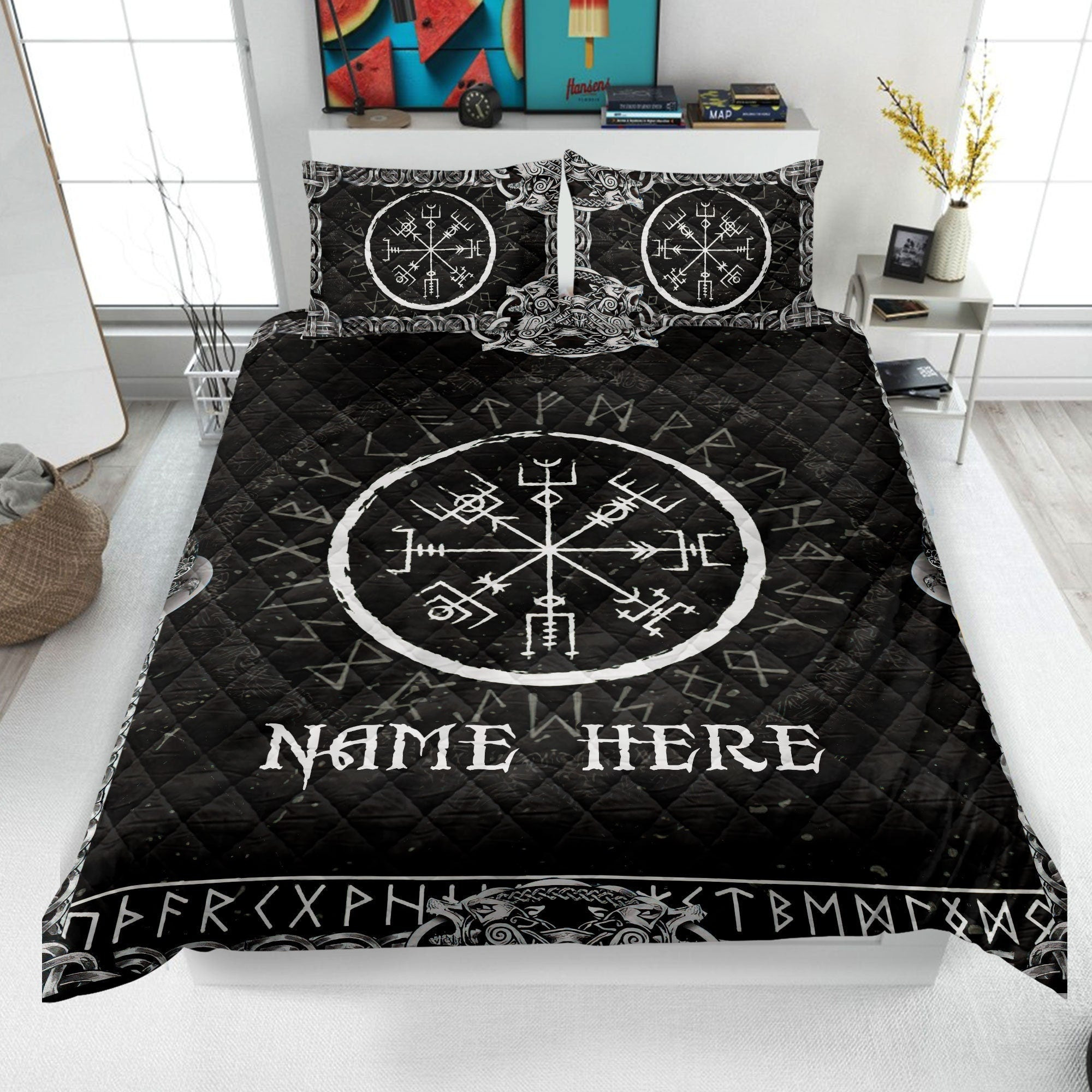 Personalized Viking Quilt Bedding Set, Viking Vegvisir Quilt Blanket & Pillowcases, Custom Name Duvet Cover Set, Gift for Dad, Husband, Son