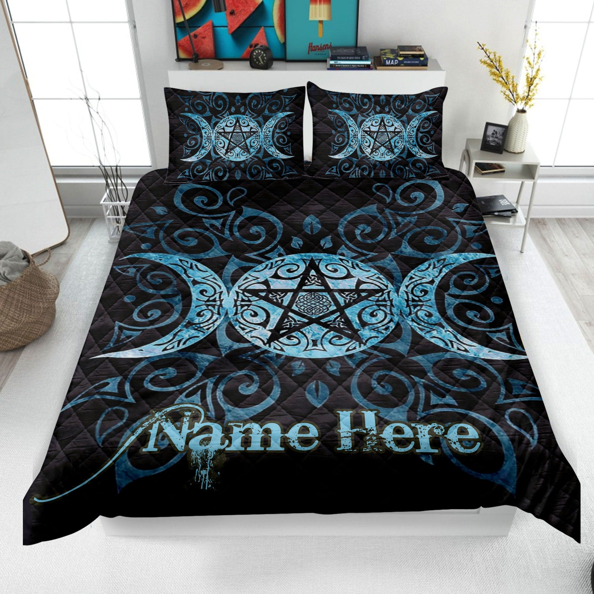 Personalized Witch Quilt Bedding Set, Wicca Triple Moon Quilt Blanket & Pillowcases, Custom Name Duvet Cover Set, Witch Bedspread, Witchy Gift