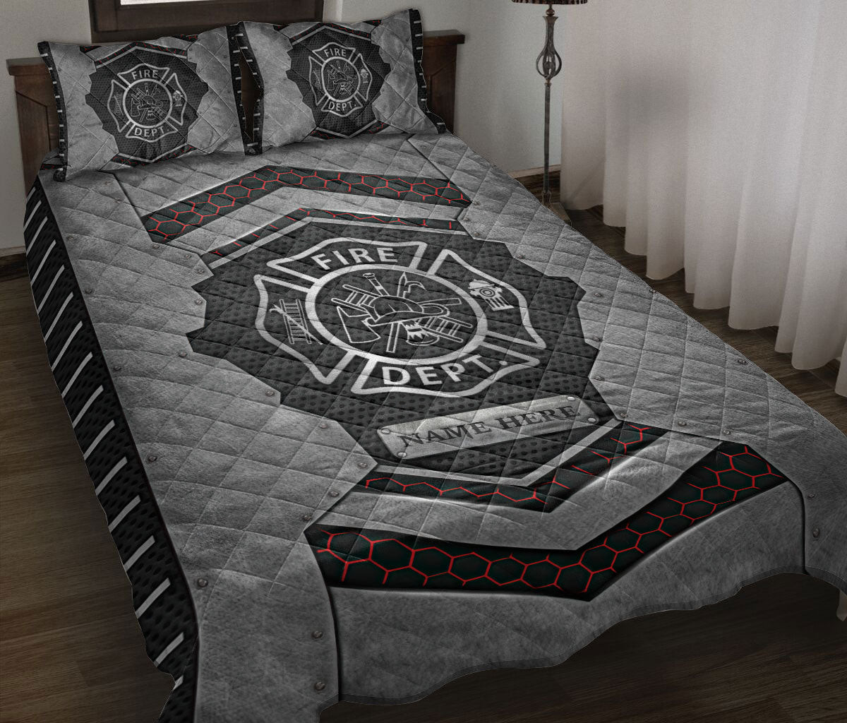 Personalized Firefighter Quilt Bedding Set, Firefighter Carbon Stone Metal Silver Quilt Blanket With Pillowcases, Custom Name Duvet Cover Set