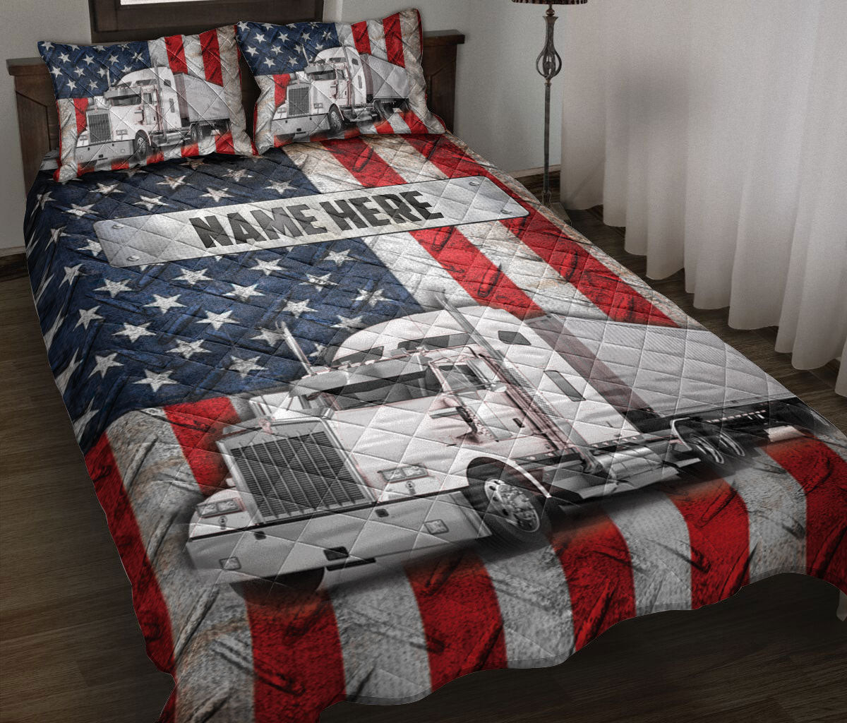 Personalized Trucker Quilt Bedding Set, White Trucker US Flag Truck Driver Quilt Blanket With Pillowcases, Custom Name Duvet Cover Set