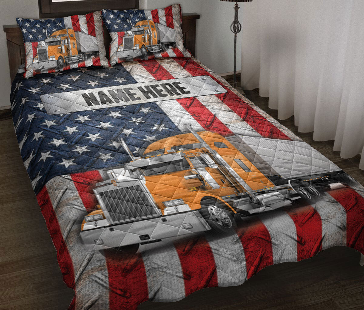 Personalized Trucker Quilt Bedding Set, Orange Trucker US Flag Truck Driver Quilt Blanket With Pillowcases, Custom Name Duvet Cover Set