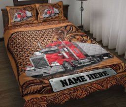 Personalized Trucker Quilt Bedding Set, Red Trucker Truck Driver Sculpture Wood Quilt Blanket With Pillowcases, Custom Name Duvet Cover Set