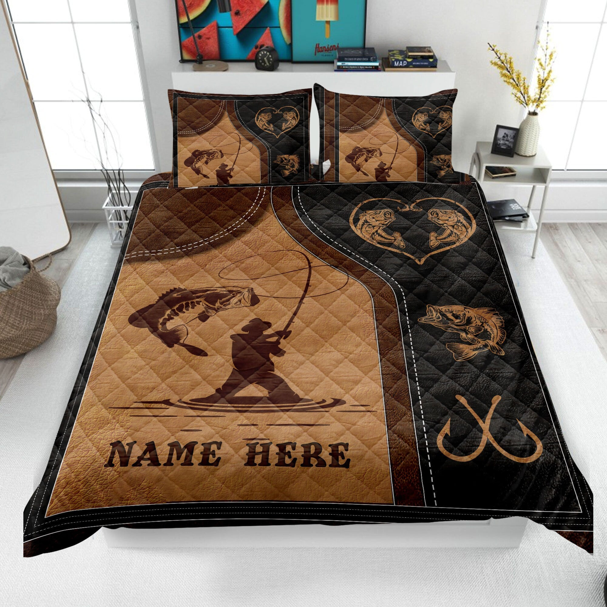 Personalized Fishing Quilt Bedding Set, Bass Fish Quilt Blanket & Pillowcases, Custom Duvet Cover Set, Gift for Fisherman, Grandpa, Dad, Husband
