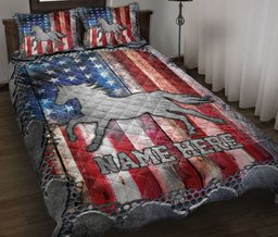 Personalized Horse Quilt Bedding Set, Horse US Flag Crack Quilt Blanket With Pillowcases, Custom Name Duvet Cover Set