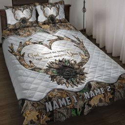 Personalized Hunting Quilt Bedding Set, Sunflower Deer Antler Heart Hunting Hunter Quilt Blanket With Pillowcases, Custom Name Duvet Cover Set