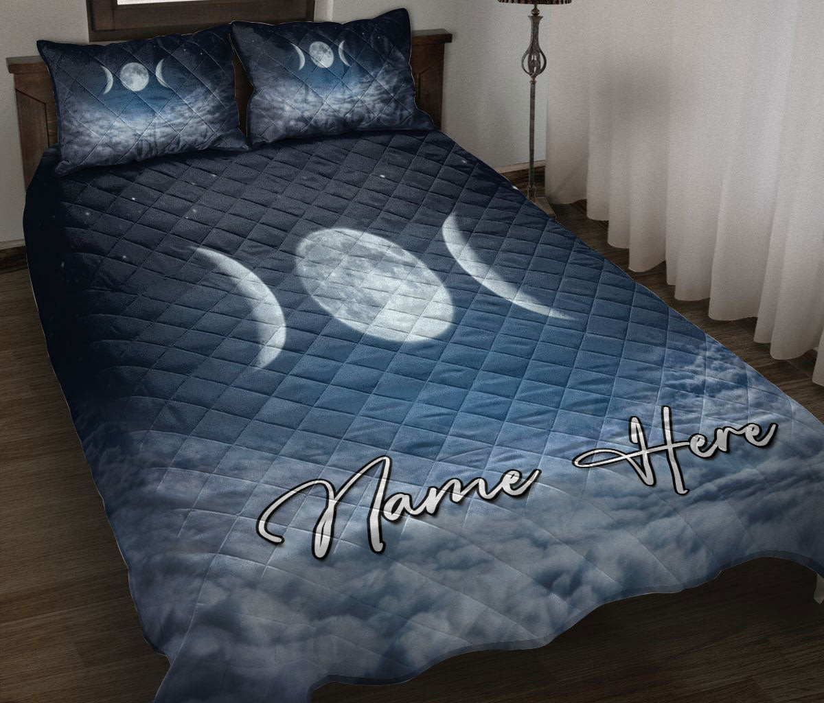 Personalized Wicca Quilt Bedding Set, Triple Moon Symbol Pagan Wiccan Symbol Quilt Blanket With Pillowcases, Custom Name Duvet Cover Set