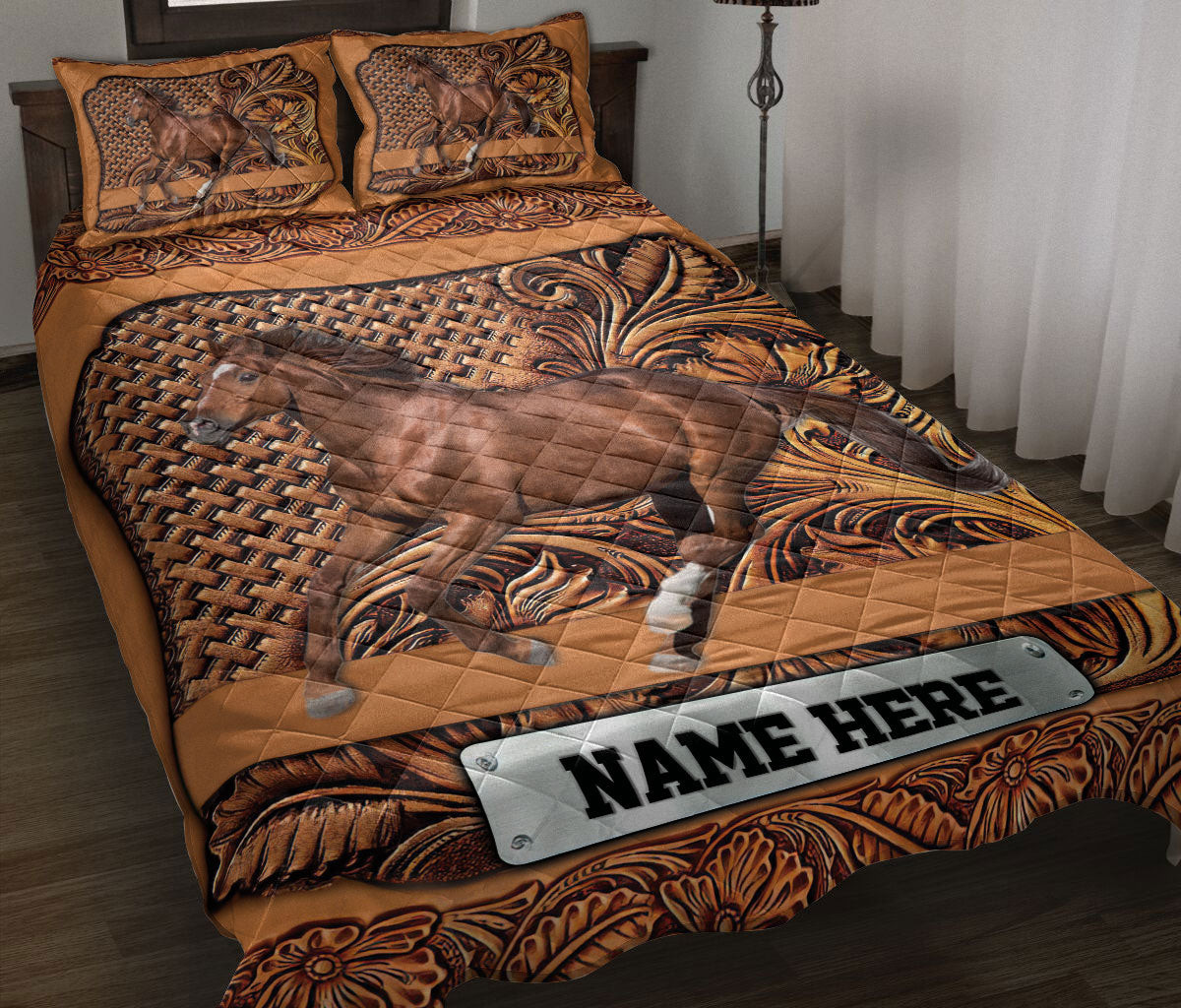 Personalized Horse Quilt Bedding Set, Horse Sculpture Woods Quilt Blanket With Pillowcases, Custom Name Duvet Cover Set