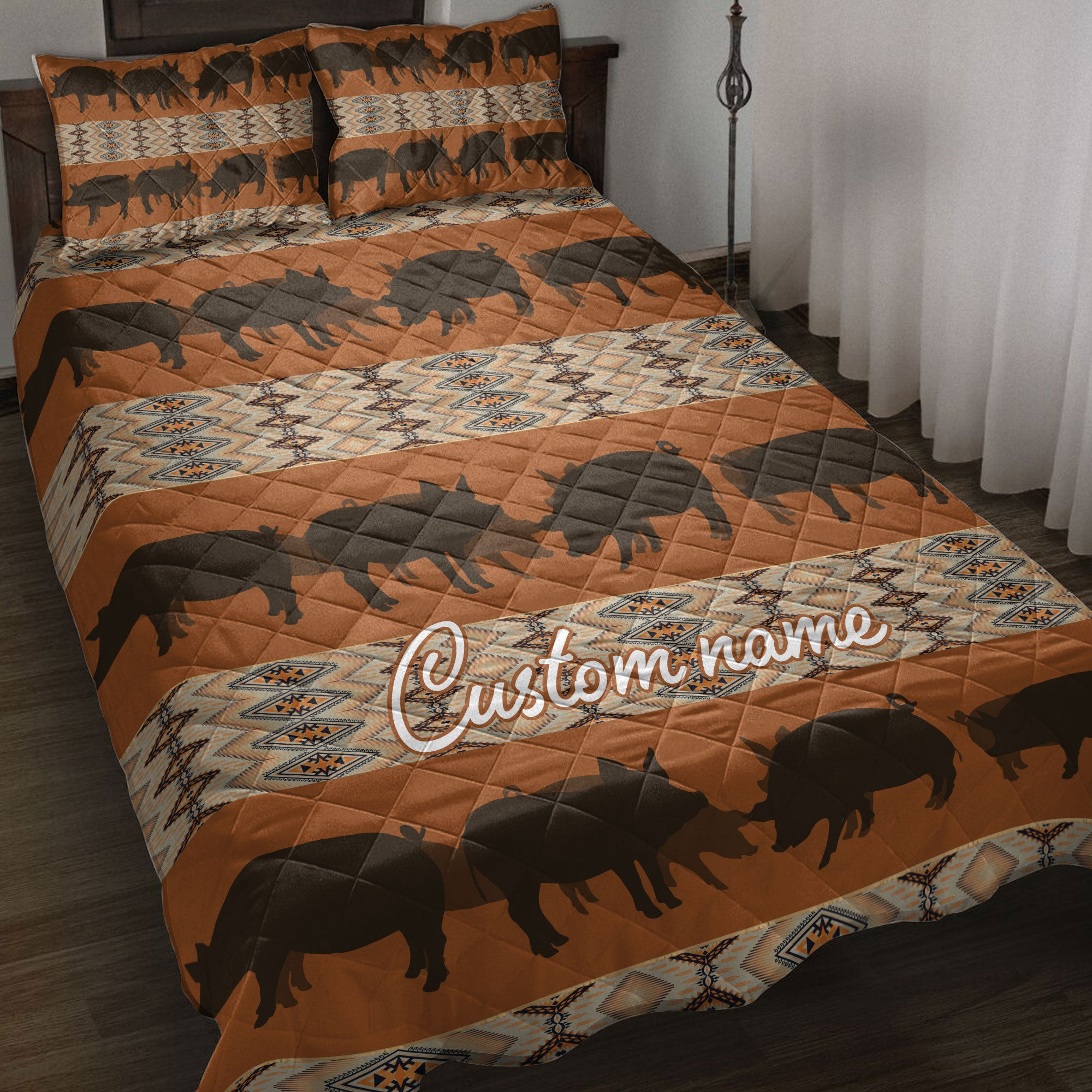 Personalized Pig Quilt Bedding Set, Native Pig Farm Farmho Use Quilt Blanket With Pillowcases, Custom Name Duvet Cover Set