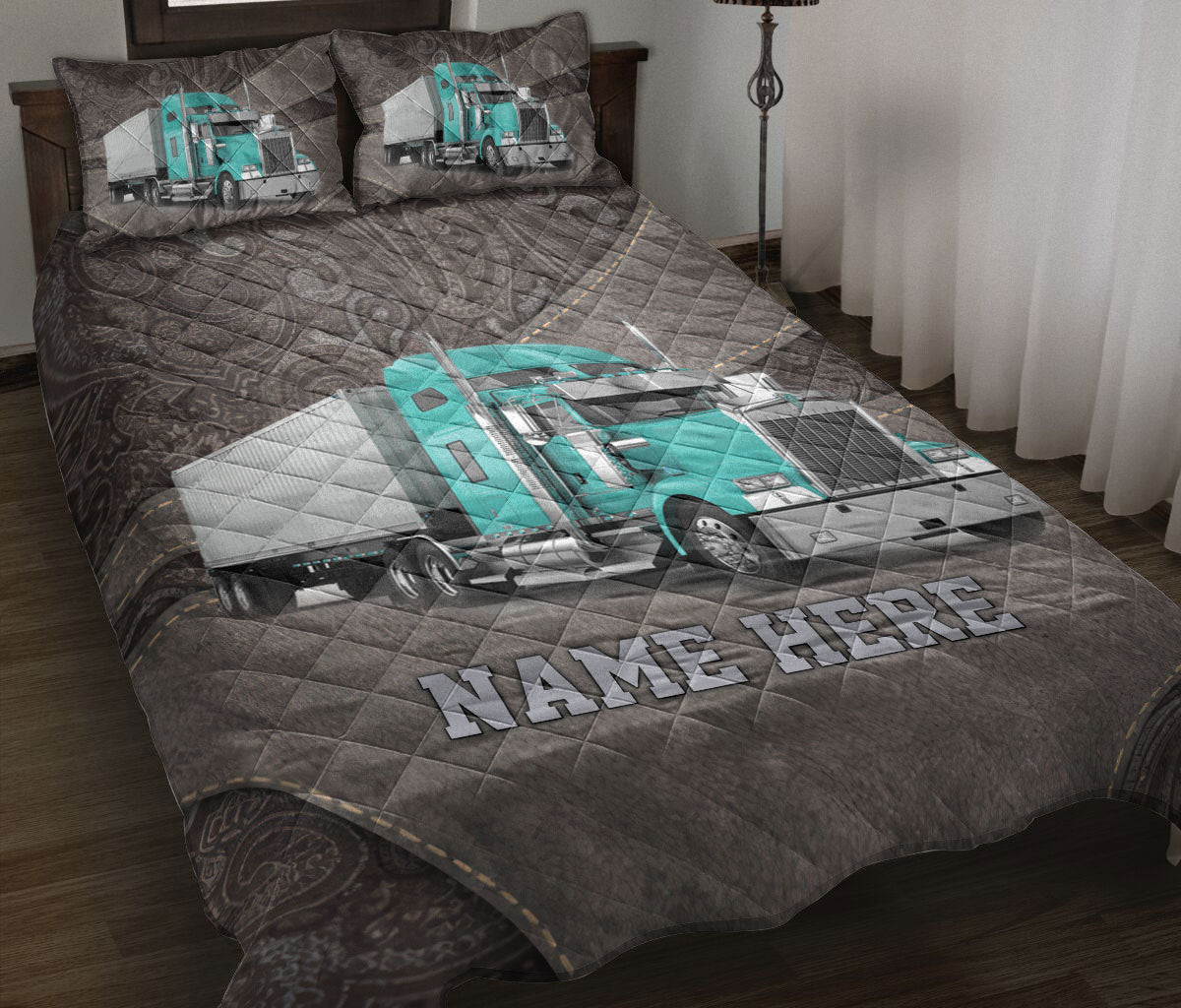 Personalized Trucker Quilt Bedding Set, Cyan Truck Trucker Driver Quilt Blanket With Pillowcases, Custom Name Duvet Cover Set