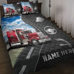 Personalized Trucker Quilt Bedding Set, Red Truck Trucker Quilt Blanket With Pillowcases, Custom Name Duvet Cover Set