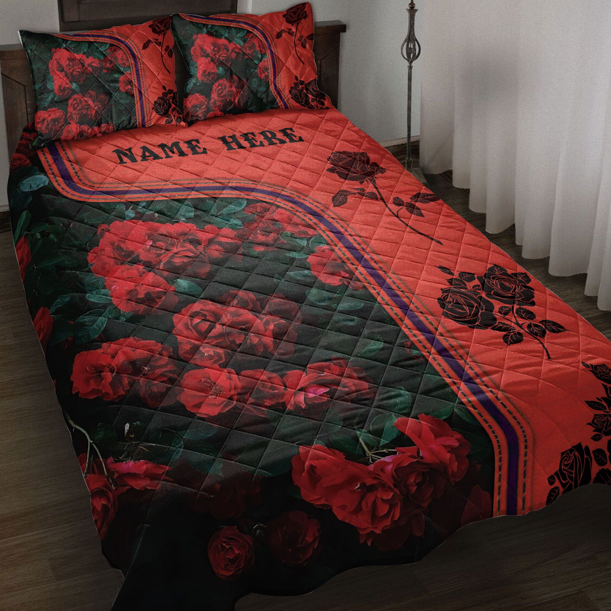Personalized Rose Quilt Bedding Set, Rose Red Flower 3D Print Quilt Blanket With Pillowcases, Custom Name Duvet Cover Set