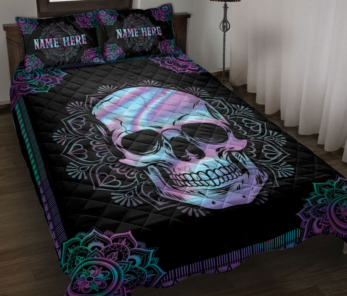 Personalized Skull Quilt Bedding Set, Hologram Mandala Skull Skeleton Quilt Blanket With Pillowcases, Custom Name Duvet Cover Set
