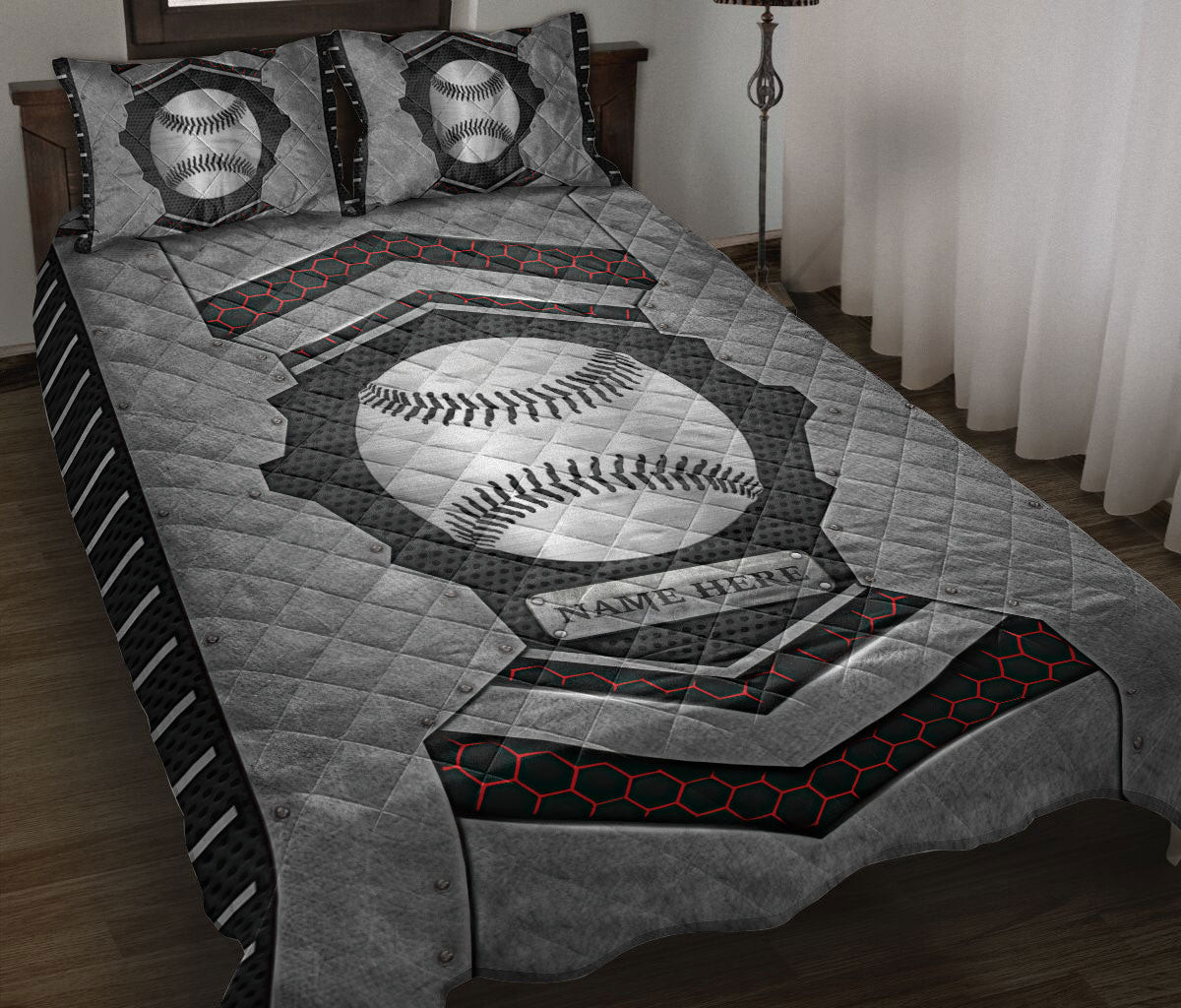 Personalized Baseball Quilt Bedding Set, Baseball Ball Carbon Stone Silver Quilt Blanket With Pillowcases, Custom Name Duvet Cover Set, Sports Gifts