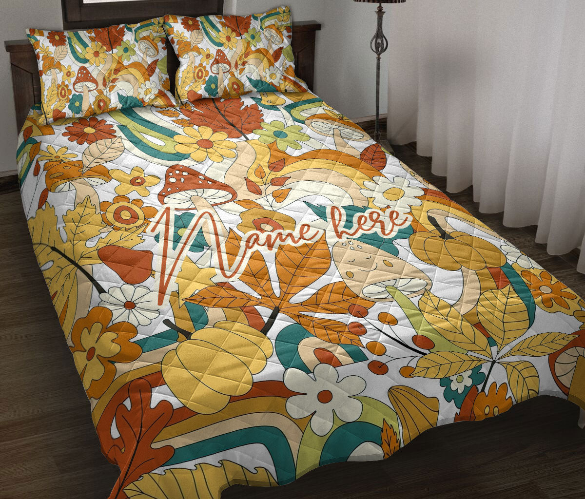 Personalized Hippie Quilt Bedding Set, Hippie Hippy Fall Autumn Plant Flower M Ushroom Quilt Blanket With Pillowcases, Duvet Cover Set