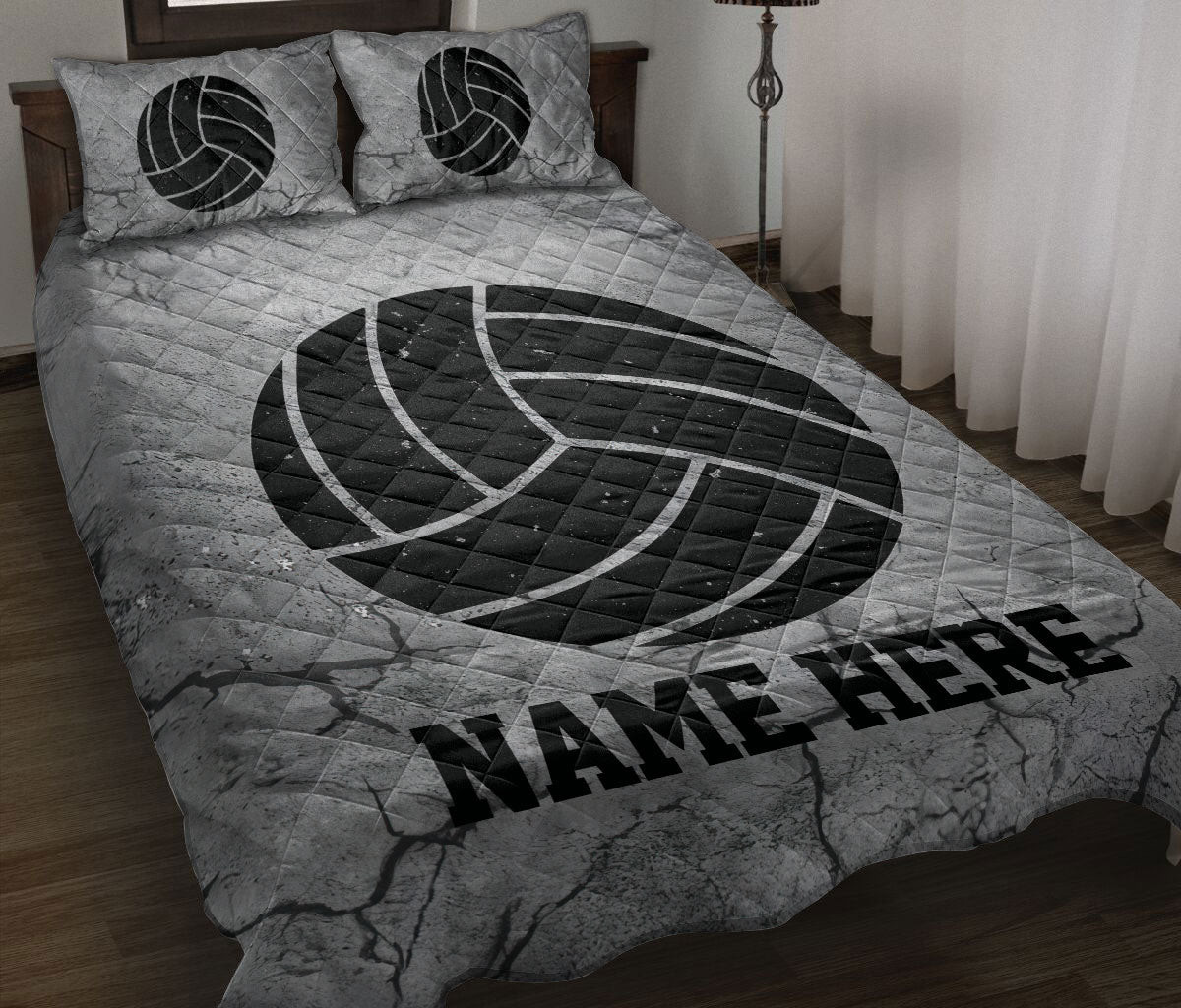 Personalized Volleyball Quilt Bedding Set, Volleyball Ball Crack Gray Quilt Blanket With Pillowcases, Custom Name Duvet Cover Set
