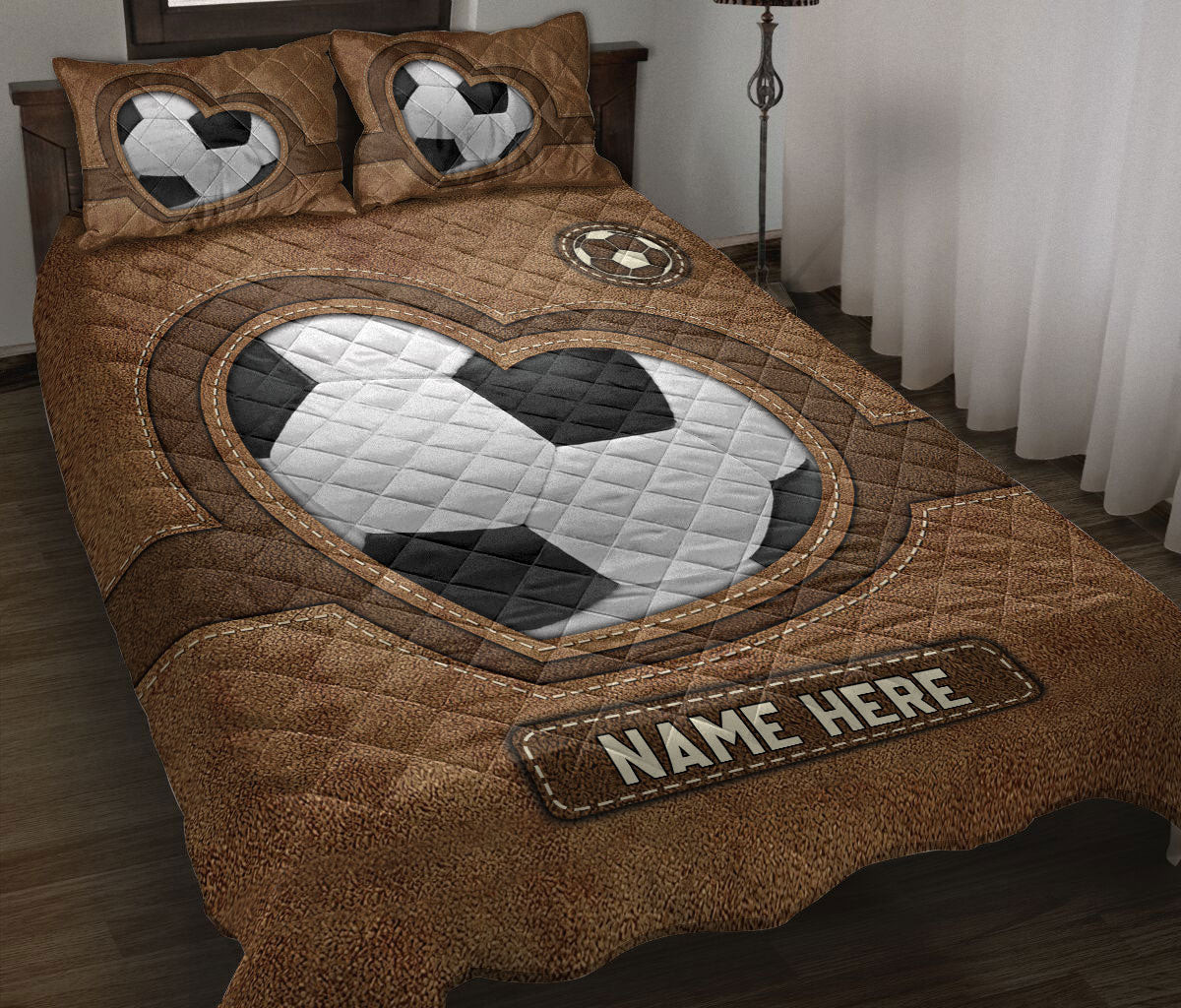 Personalized Soccer Quilt Bedding Set, Soccer Heart Quilt Blanket With Pillowcases, Custom Name Duvet Cover Set