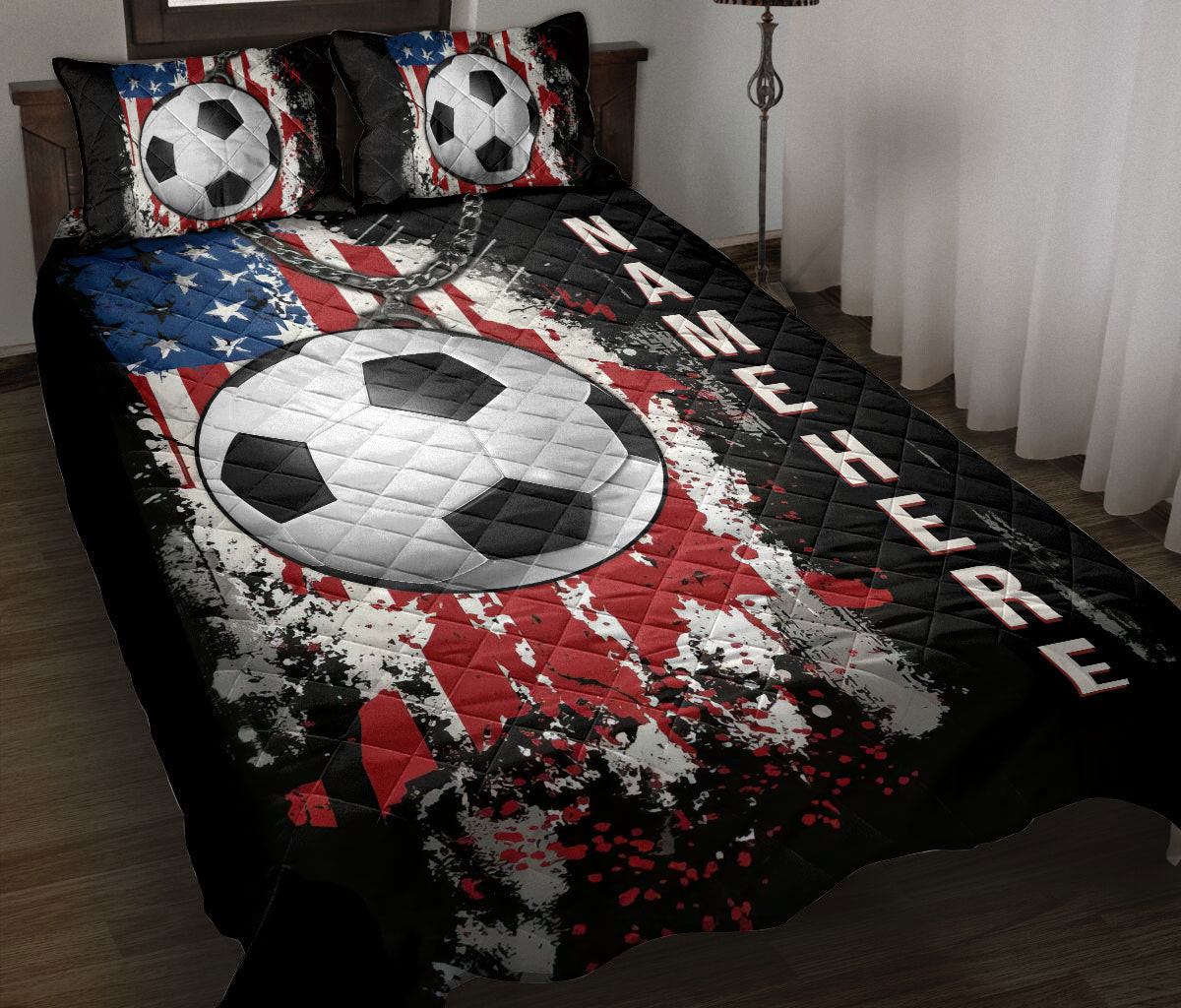 Personalized Soccer Quilt Bedding Set, Soccer Ball American US Flag Quilt Blanket With Pillowcases, Custom Name Duvet Cover Set