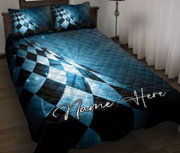 Personalized Racing Quilt Bedding Set, Racing Square Abstraction Car Racing Quilt Blanket With Pillowcases, Custom Name Duvet Cover Set