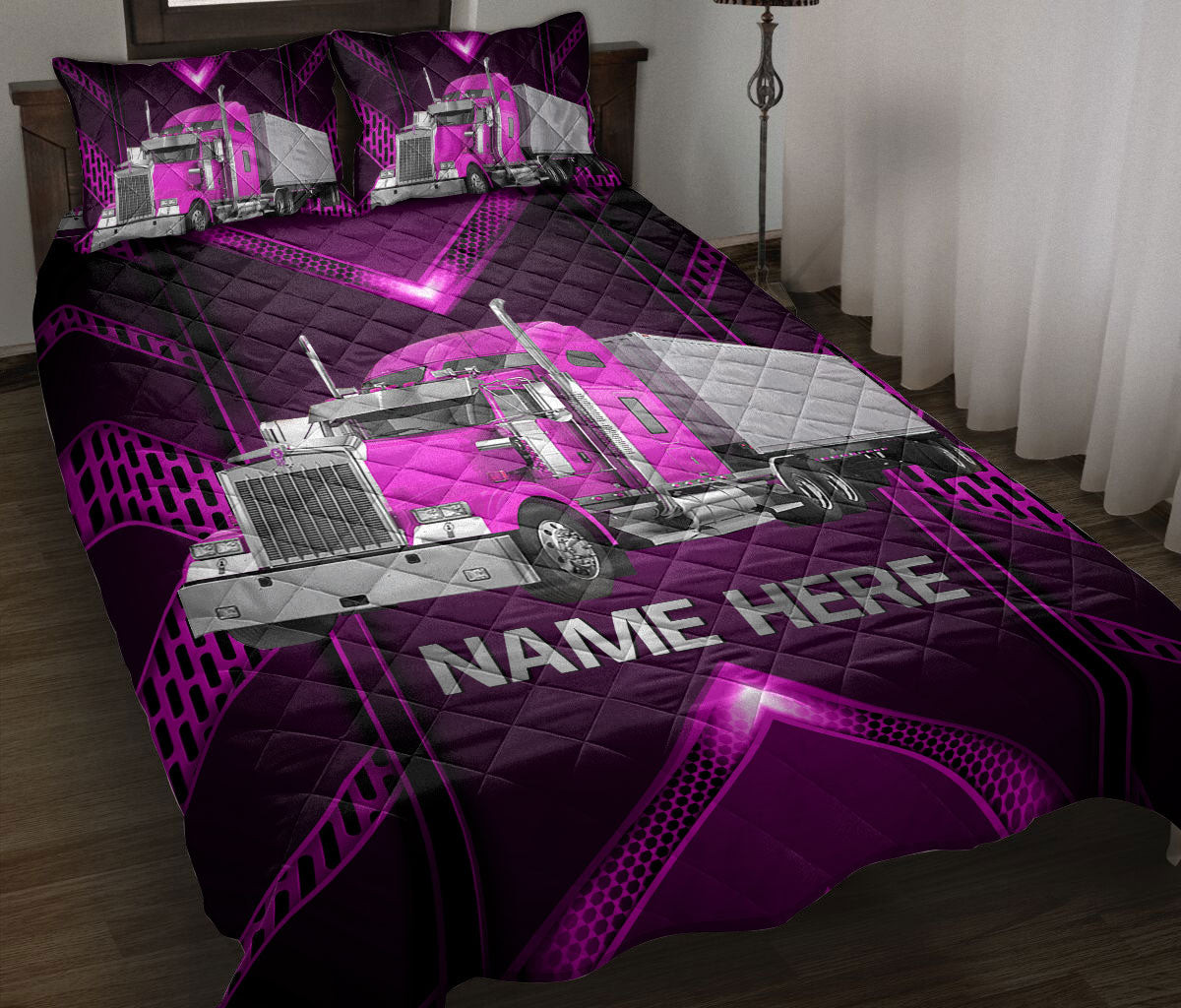 Personalized Trucker Quilt Bedding Set, Pink Truck Carbon Trucker Driver Quilt Blanket With Pillowcases, Custom Name Duvet Cover Set